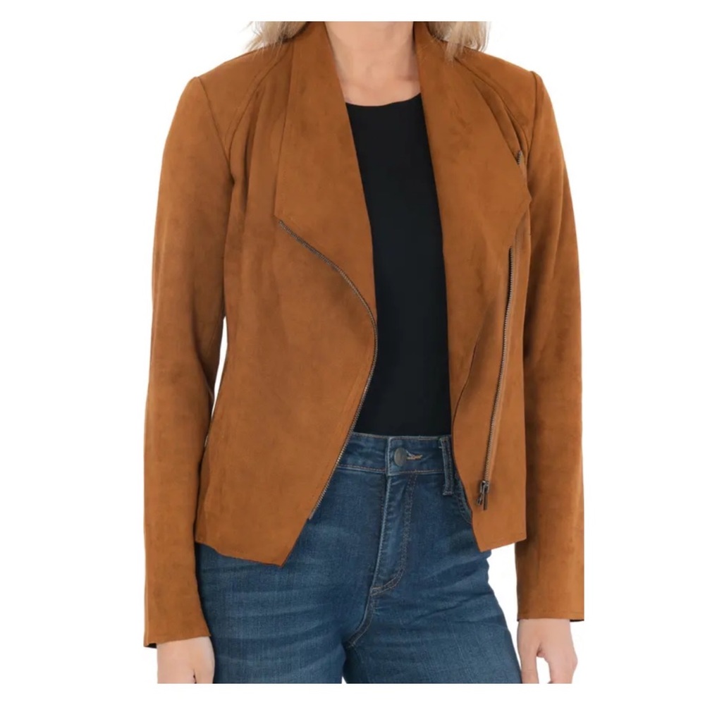 KUT FROM THE KLOTH Carina Faux Suede Drape Moto Jacket Caramel Small NWT